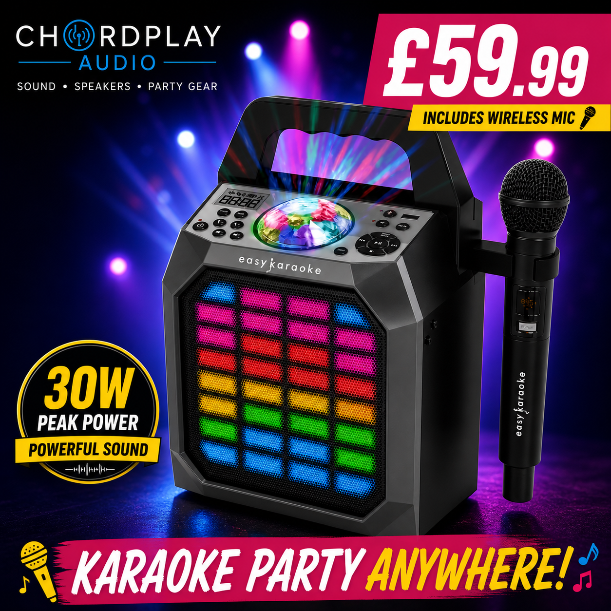 🎤 Easy Karaoke Party Hub Portable Speaker System~ Lights/Wireless Microphone 🎤