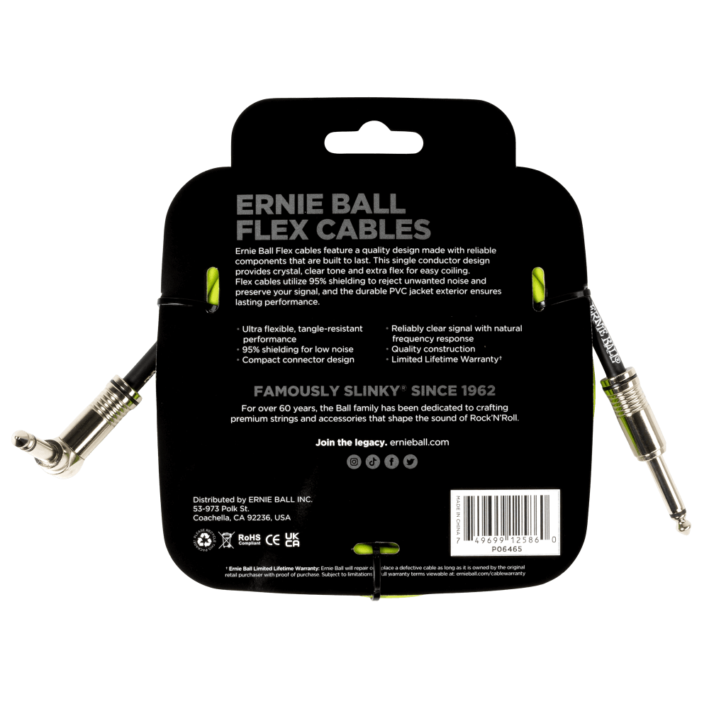 Ernie Ball Flex Instrument Cable- Straight/Angle 10ft- Green