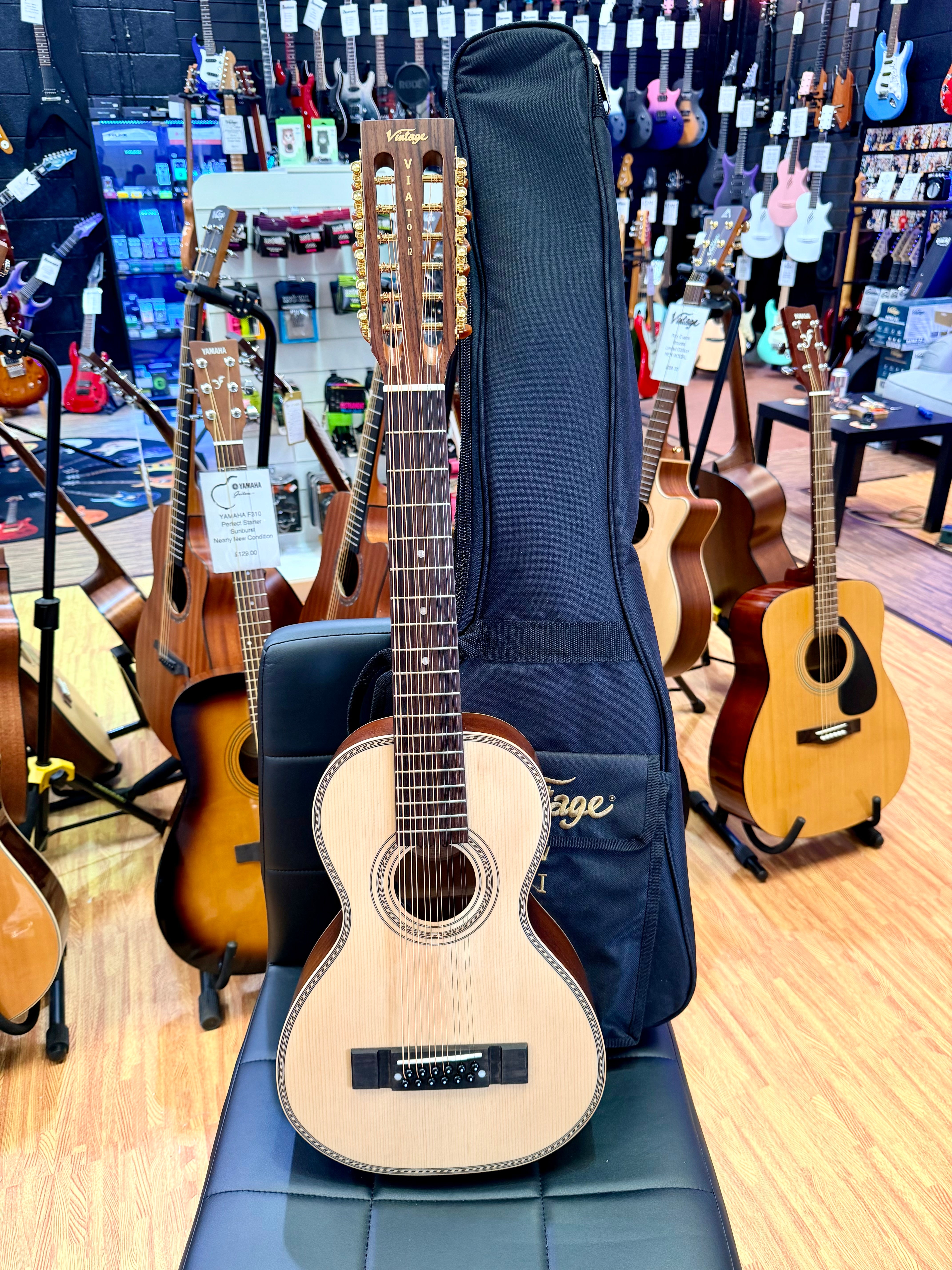 ✨NEW✨ Vintage Paul Brett Viator Electro Acoustic 12 String Travel Guitar + Bag