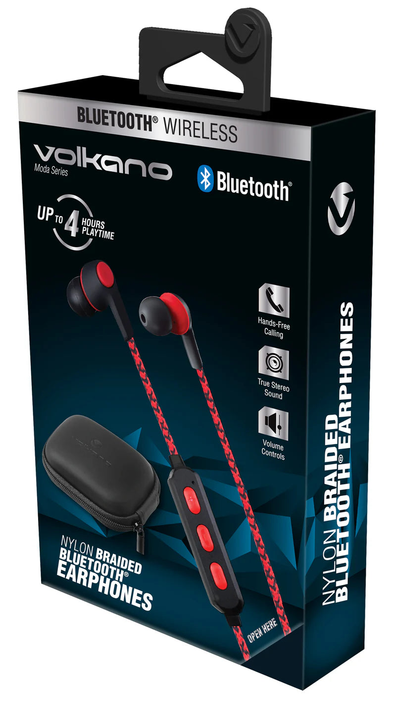 Volkano Moda Series Nylon Braided Bluetooth Earphones - Black/Red