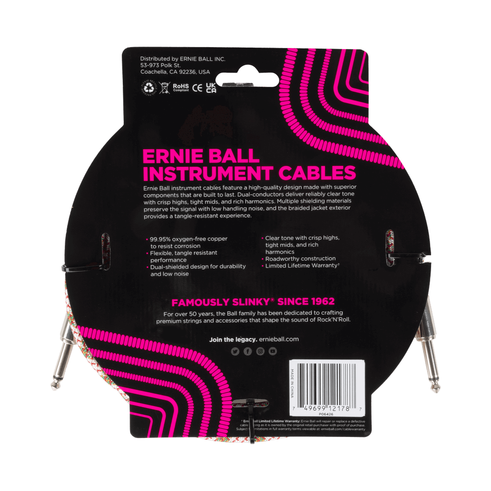 Ernie Ball Braided Instrument Cable- Emerald Argyle 10ft Straight/Straight