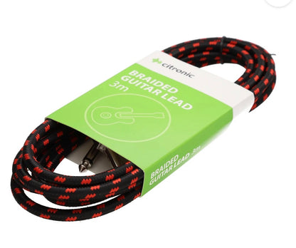 Citronic Braided Instrument Cable Straight/Angle Guitar Lead- Black & Red 3m
