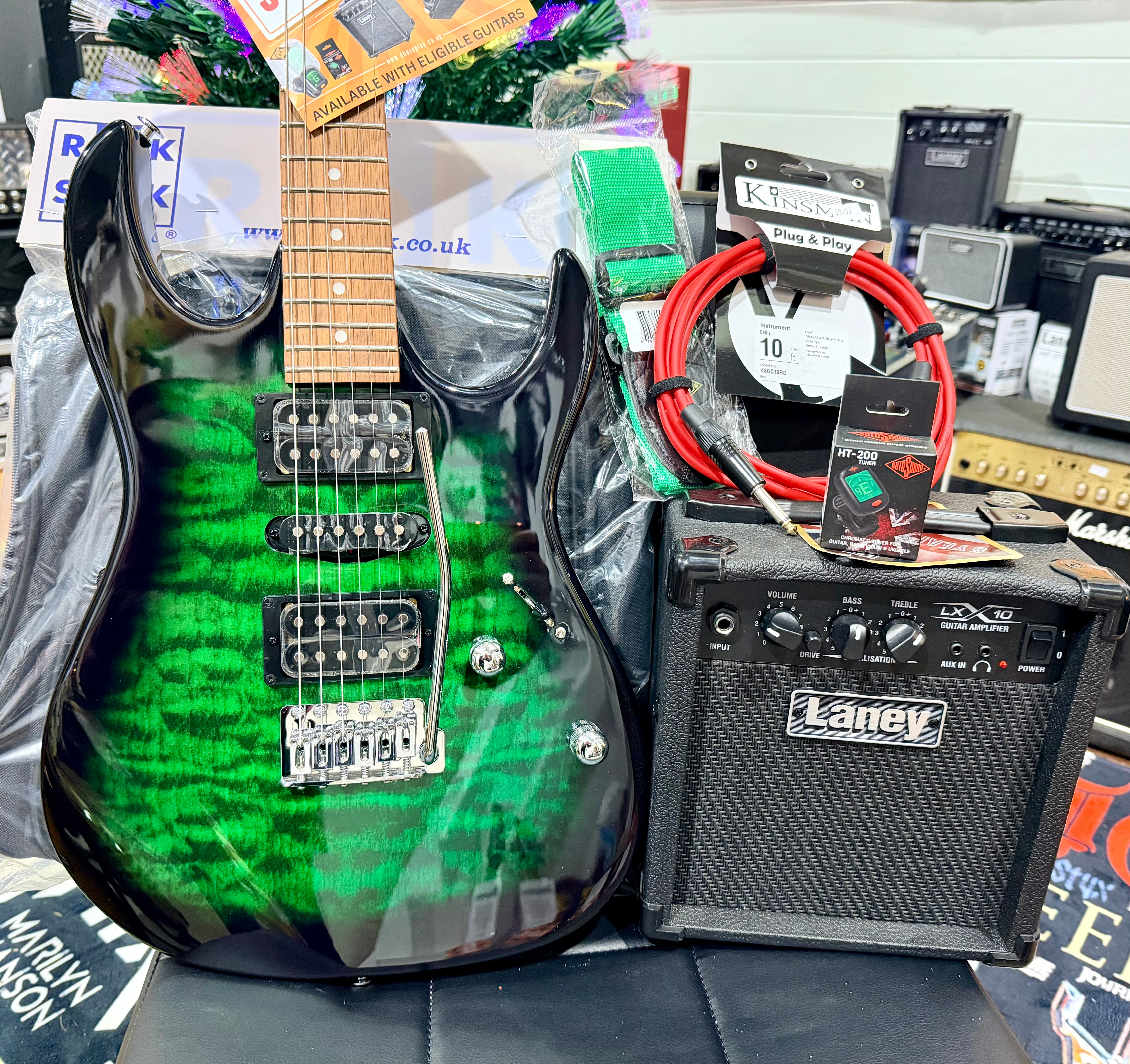 🎁 ELECTRIC GUITAR STARTER PACK 🎁 Ibanez Gio GRX70QEB~ Trans Emerald Burst + Laney Amp, Bag, Tuner