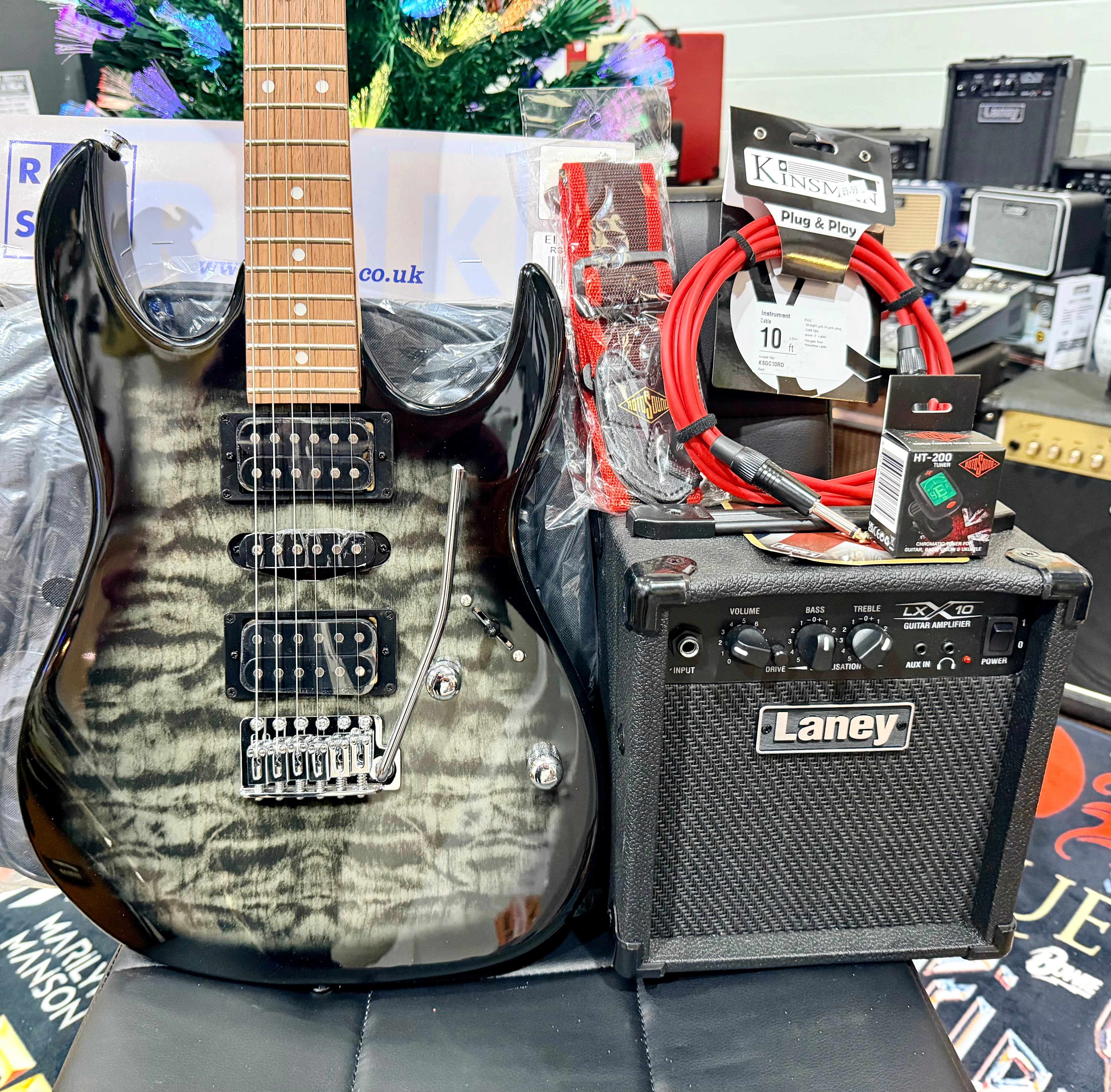🎁 ELECTRIC GUITAR STARTER PACK 🎁 Ibanez Gio GRX70QA~ Trans Black + Laney Amp, Bag, Tuner