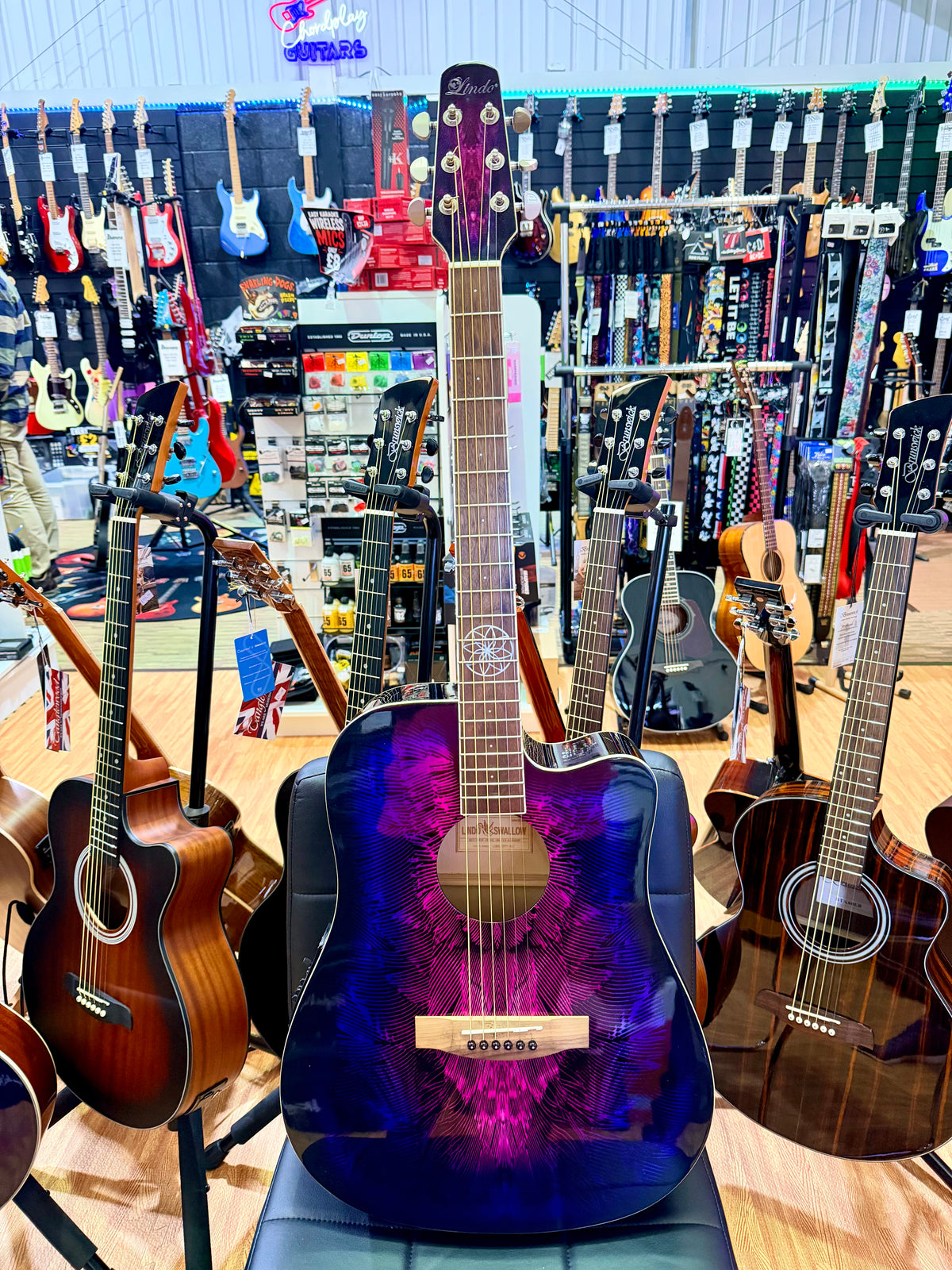 2021 Lindo Swallow Electro-Acoustic Dreadnought Guitar~ Purple/Pink Graphic!