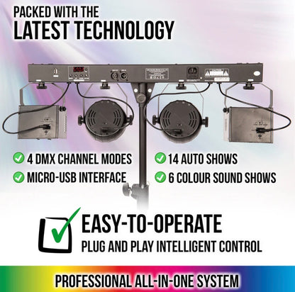 Kam KML407 Party Bar Set with Four lights~ Stand & Carry Bags~ DJ Disco Party