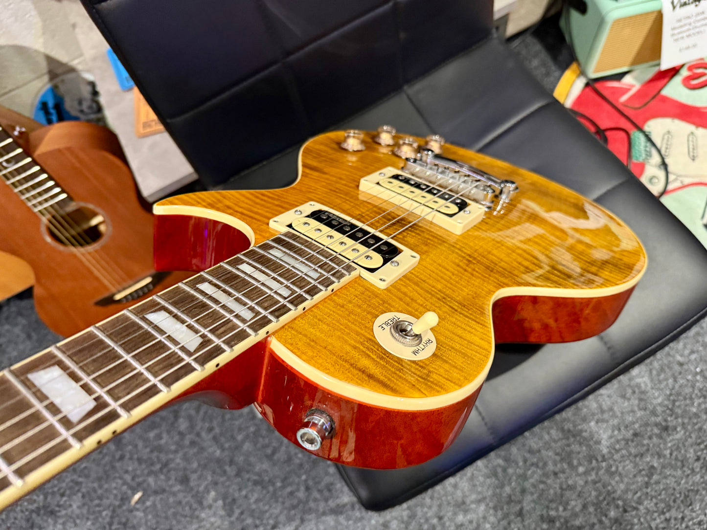 🌟MINT🌟 Vintage V100AFD Flamed Amber Paradise Electric Guitar~ Slash Les Paul!