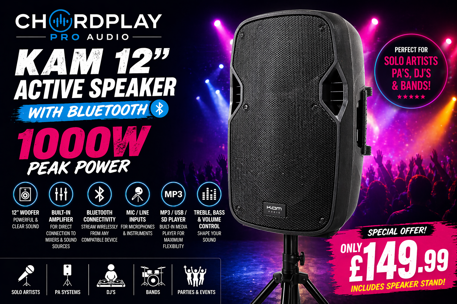 🔈 KAM RZ12ABT V3 12” Active PA Speaker Bluetooth 1000W USB SD + Stand 🔈