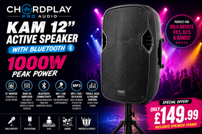 🔈 KAM RZ12ABT V3 12” Active PA Speaker Bluetooth 1000W USB SD + Stand 🔈