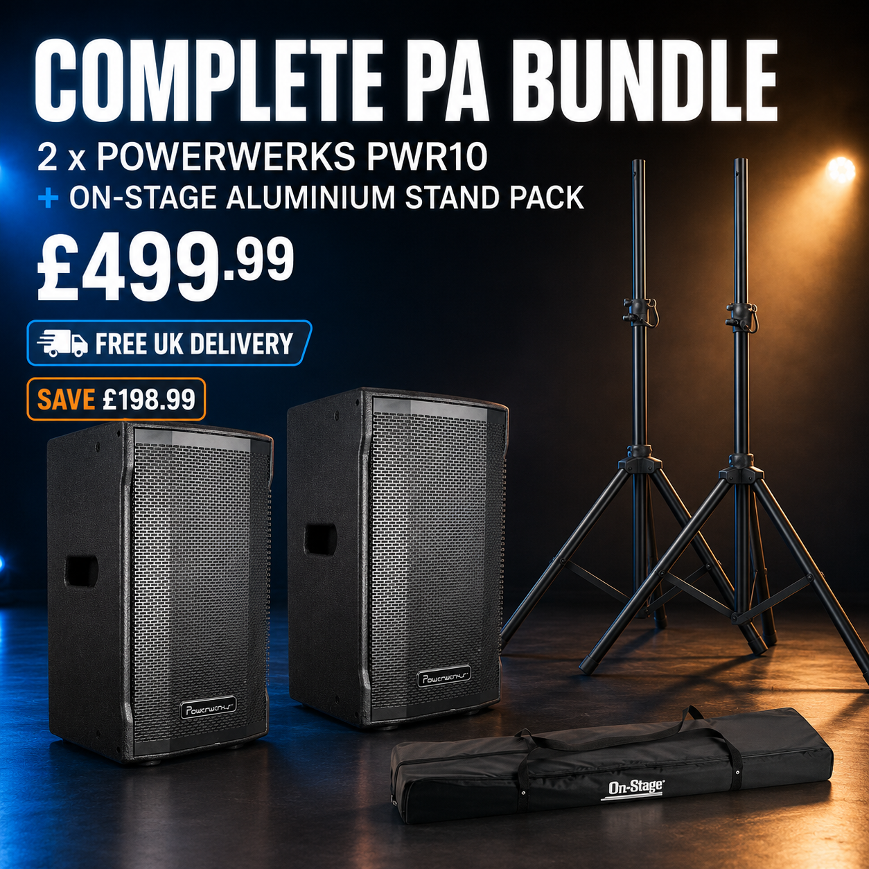 🔥 Powerwerks PWR10 Active PA Speaker Pair + On-Stage Aluminium Stands Bundle 🔥