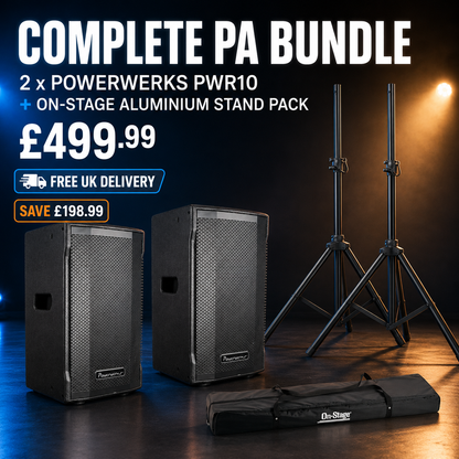 🔥 Powerwerks PWR10 Active PA Speaker Pair + On-Stage Aluminium Stands Bundle 🔥