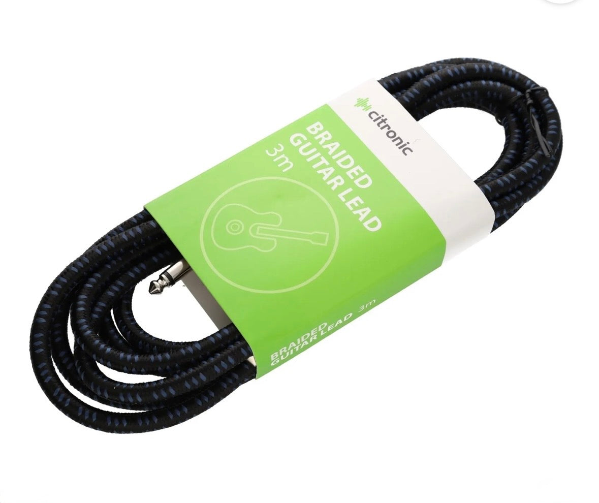 Citronic Braided Instrument Cable Straight/Angle Guitar Lead- Black & Blue 3m