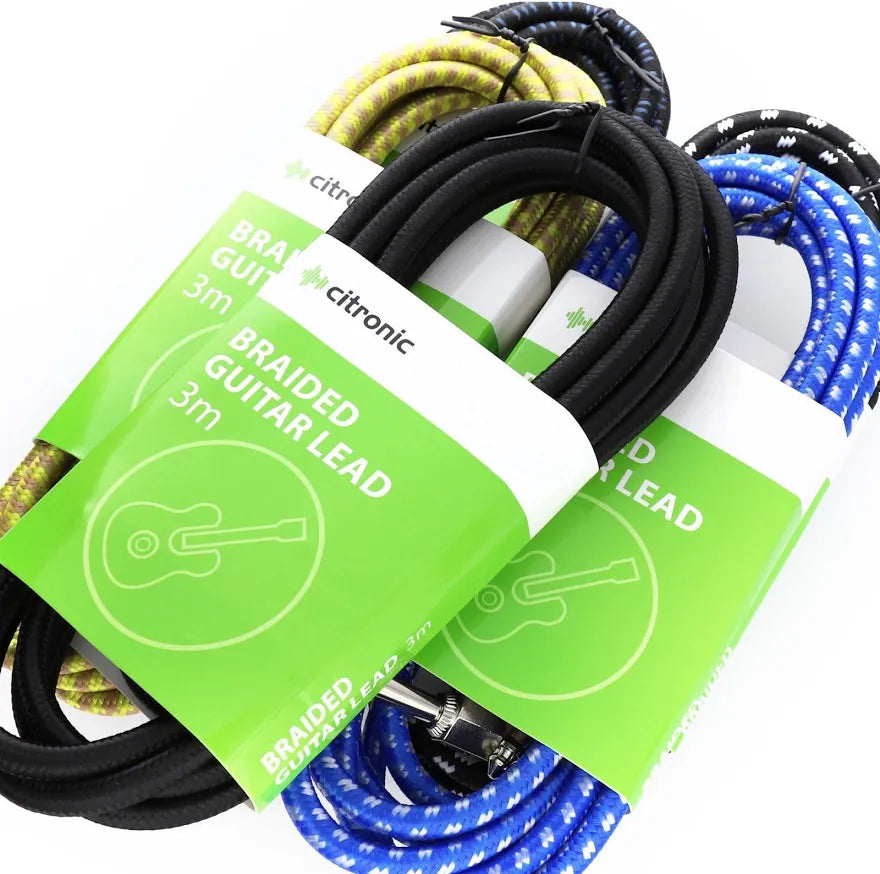 Citronic Braided Instrument Cable Straight/Angle Guitar Lead- Black 3m