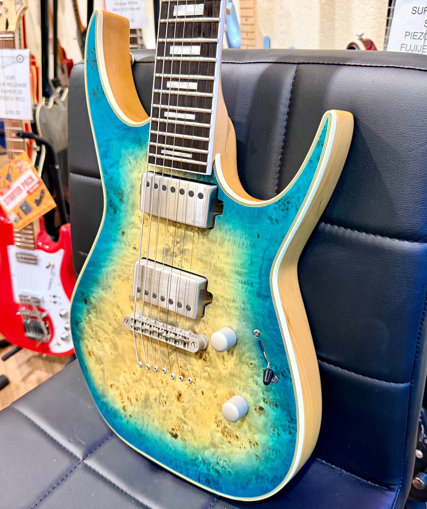 🔥2021🔥 Dean Exile Select 7-String Burl Poplar~ Satin Turquoise Burst~ Rare!