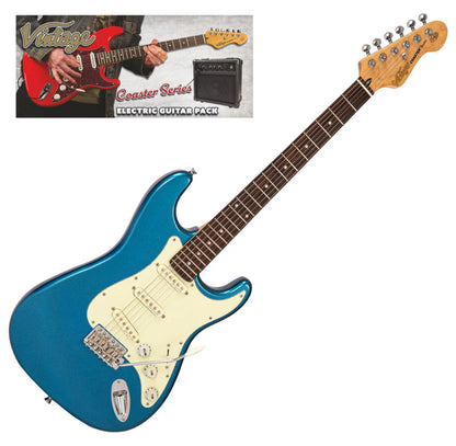 Vintage V60 Coaster Series Electric Guitar Starter Pack Bundle~ Candy Apple Blue