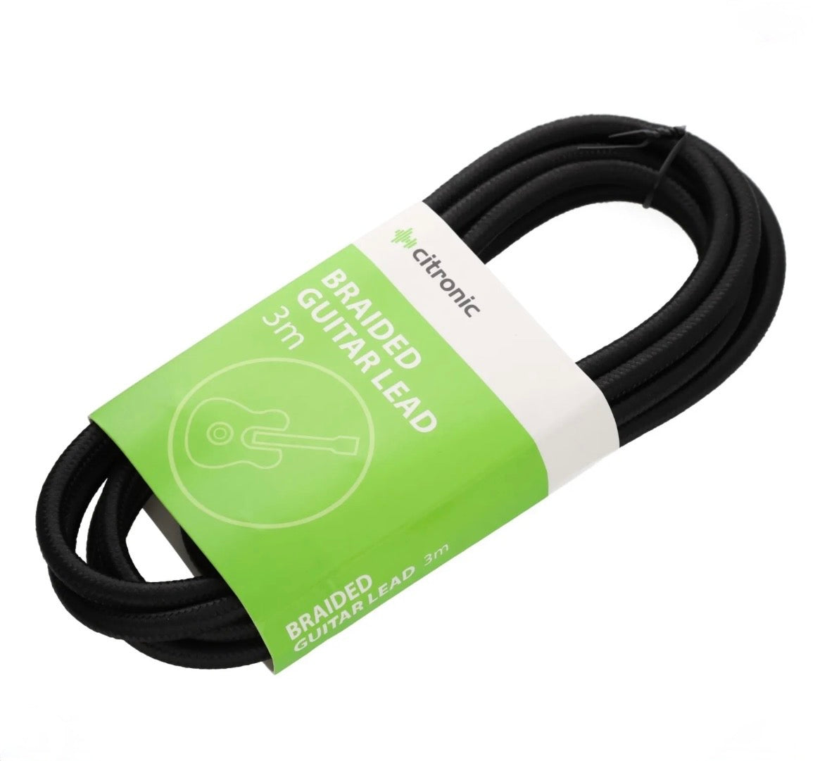Citronic Braided Instrument Cable Straight/Angle Guitar Lead- Black 3m