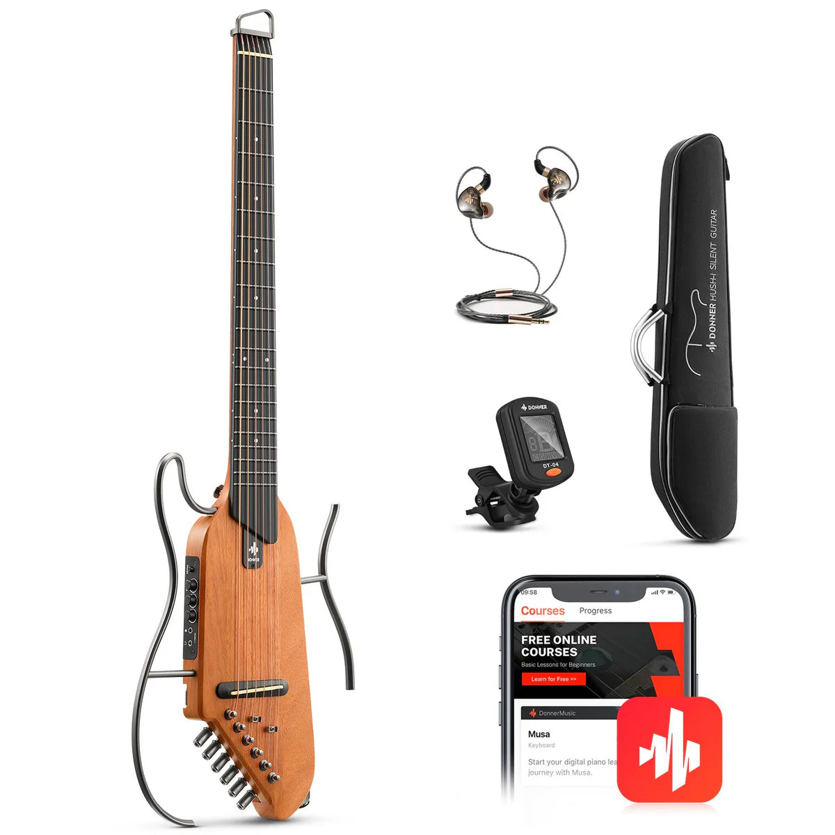 🌟NEW🌟 Donner HUSH-I Electro Acoustic Silent Travel Headless Guitar~ Mahogany!