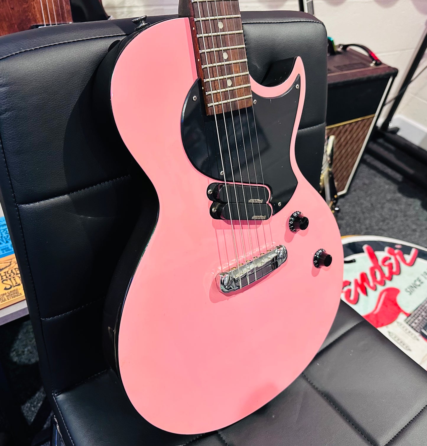 🌟RARE PINK🌟 Vintage ‘JHS’ ZIP Electric Guitar~ Les Paul Junior Shape~Wilkinson