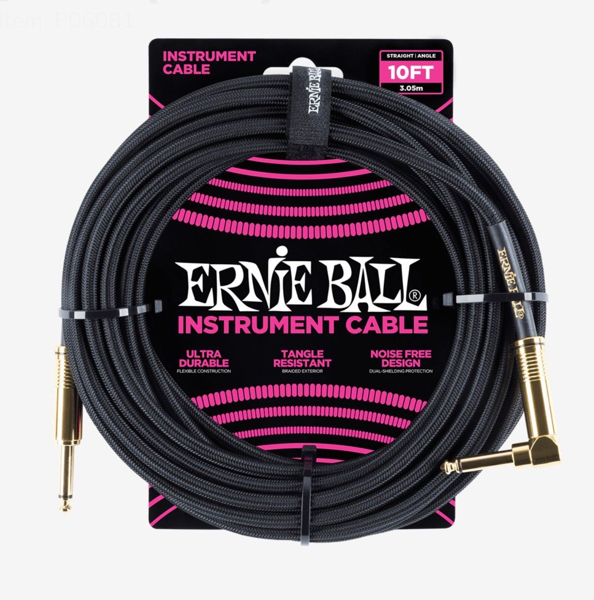 Ernie Ball EB 10ft Braided Straight/Angle Cable- Black/Gold