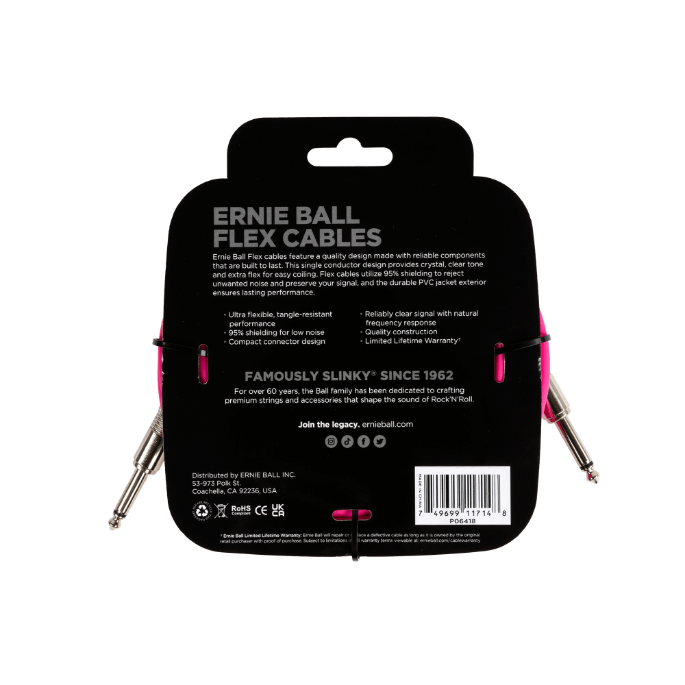 Ernie Ball Flex Instrument Cable- Straight/Straight 20ft- Pink
