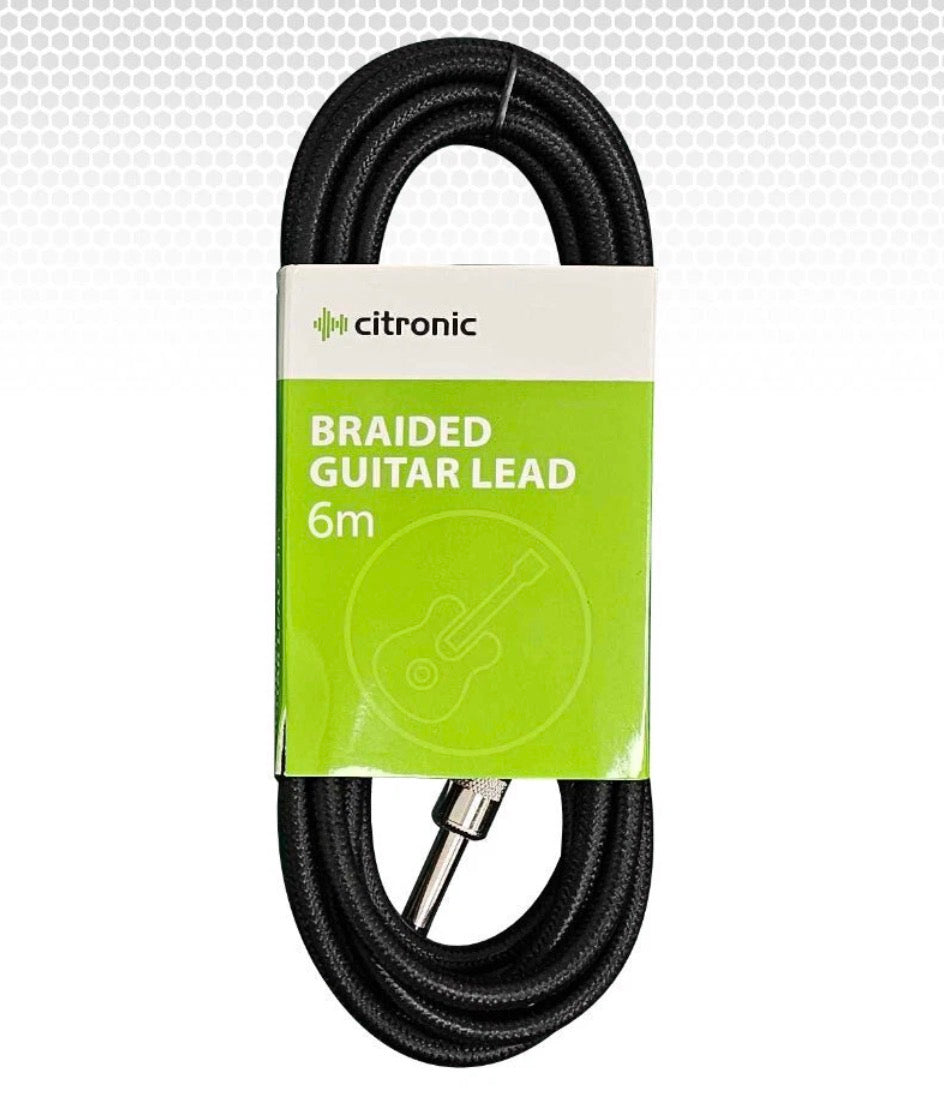 Citronic Braided Instrument Cable Straight/Angle Guitar Lead- Black 6m