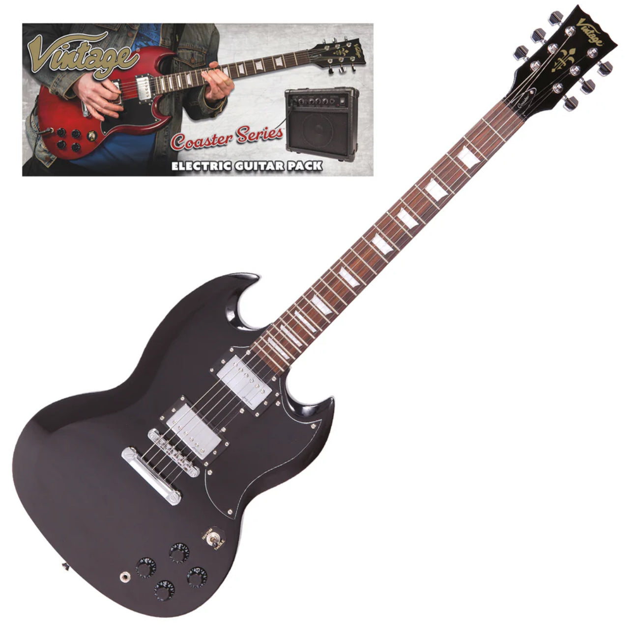 Vintage V69 SG Style Coaster Series Electric Guitar Pack ~ Boulevard Black