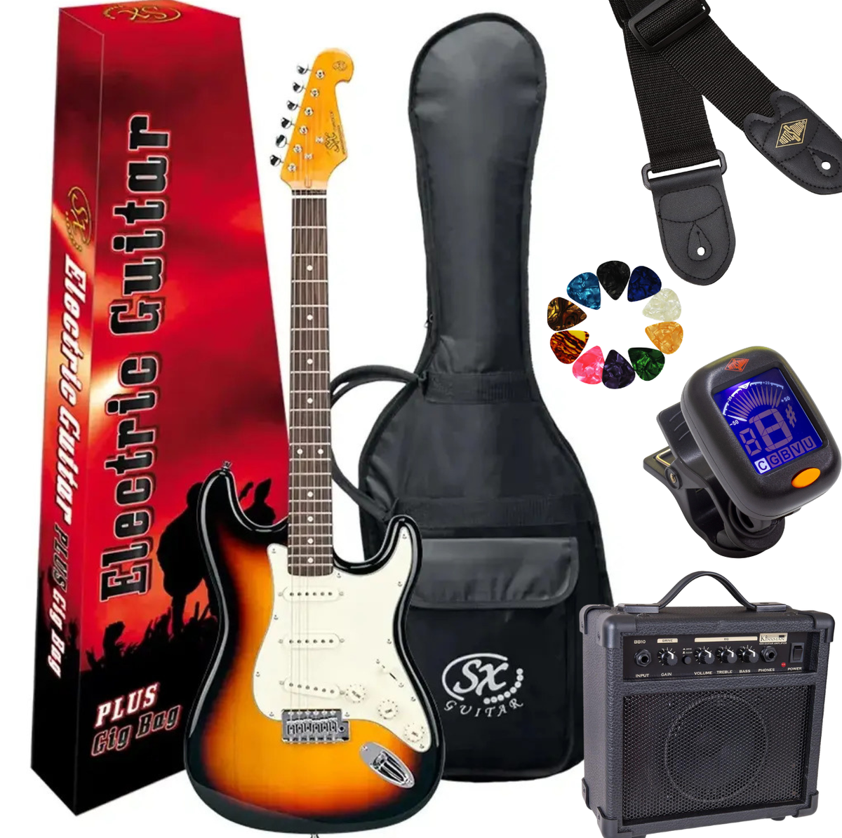 SX SST62+ Electric Guitar Beginner's Bundle – 10W Amp & Accessories~ Sunburst
