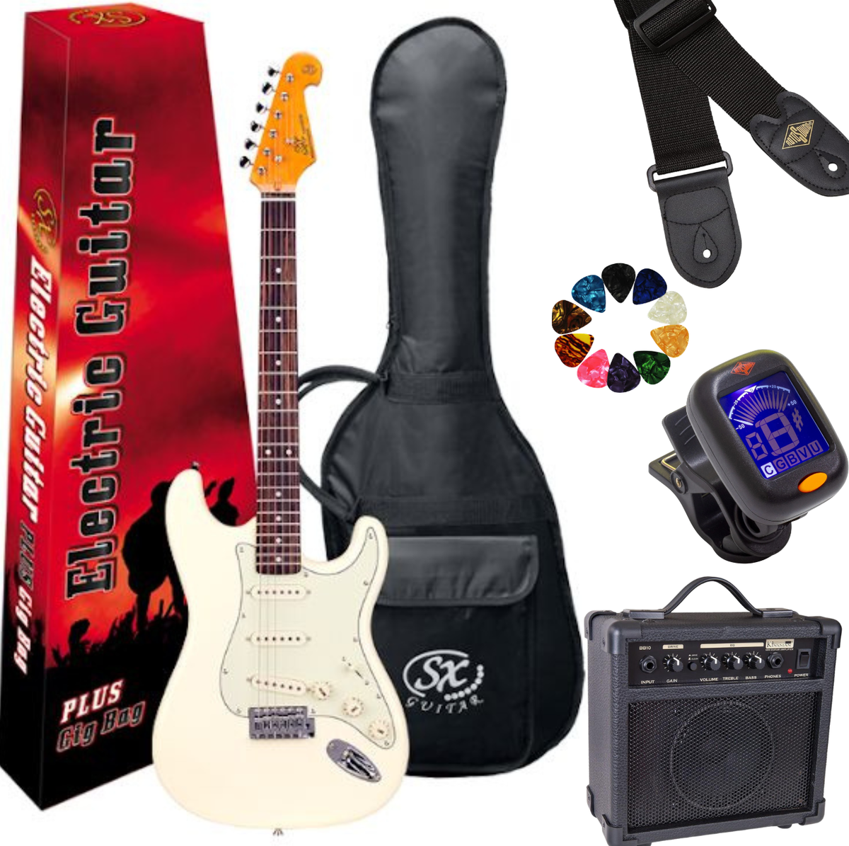SX SST62+ Electric Guitar Beginner's Bundle – 10W Amp & Accessories~ Vintage White